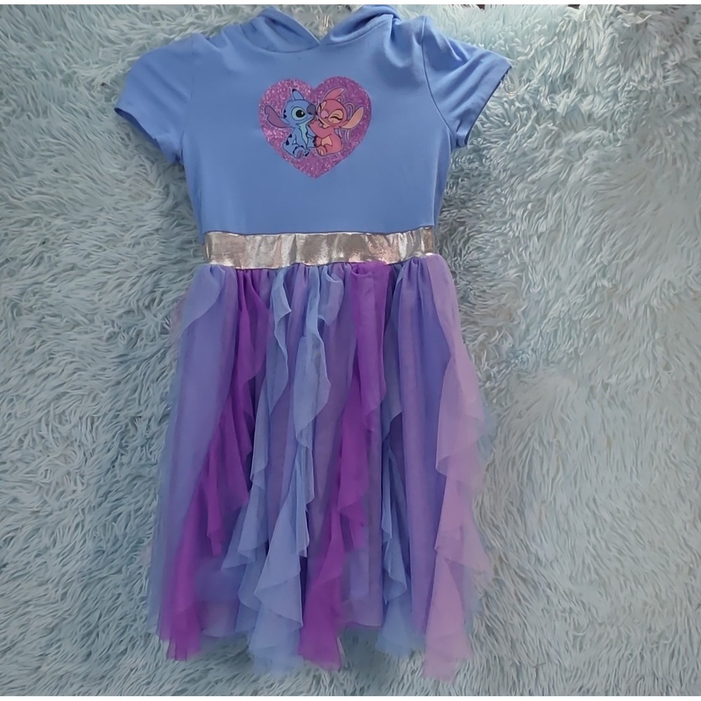 Disney Stitch & Angel Girls Hooded Tutu Dress Tulle Glitter Blue Purple Sz 8 M